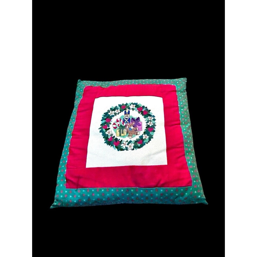 Vtg Cross Stitch Christmas Pillow Nutcracker Wreath Presents Handmade 13x13”